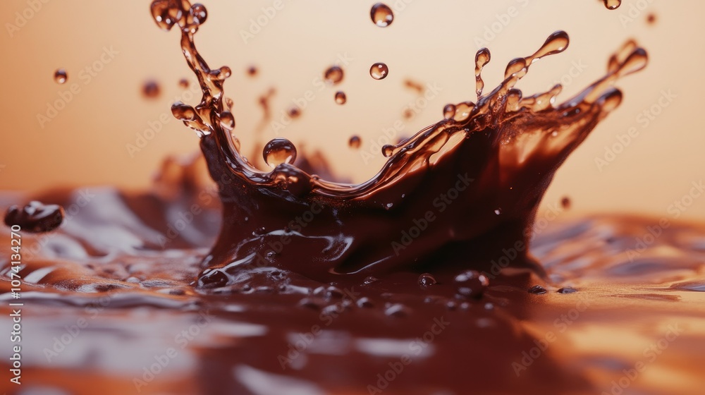 Poster a dynamic splash of liquid chocolate, with droplets suspended in motion, isolated on a clean backdro