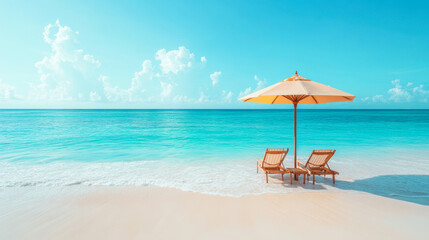 Fototapeta premium Umbrella and wooden chairs on tropical Caribbean beach