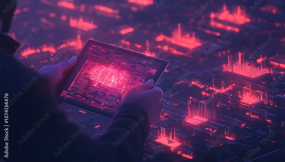 Poster a person interacts with a glowing digital interface, surrounded by vibrant, pulsating lights, sugges