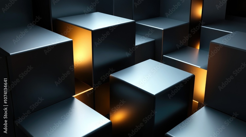 Poster a futuristic design of geometric blocks in a three-dimensional space, set against a dark background 
