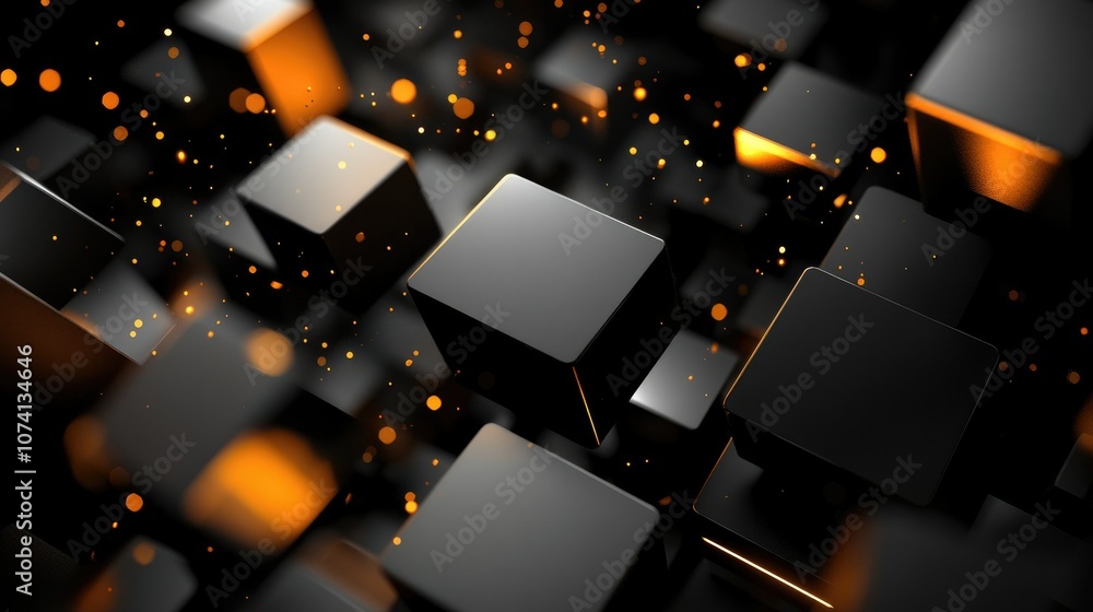 Poster a futuristic design of geometric blocks in a three-dimensional space, set against a dark background 