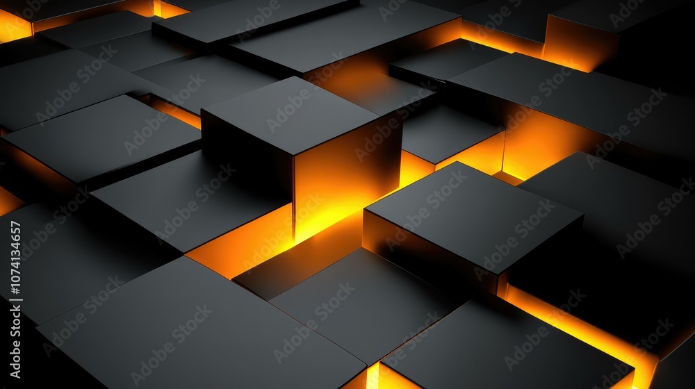 Poster a futuristic design of geometric blocks in a three-dimensional space, set against a dark background 