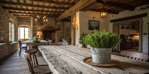Rustic Long Exposure Capture of a Charming Dining Room Featuring a Pot with Lush Green Plants on a Weathered Wooden Table, Perfect for Home Decor Inspiration and Nature Lovers