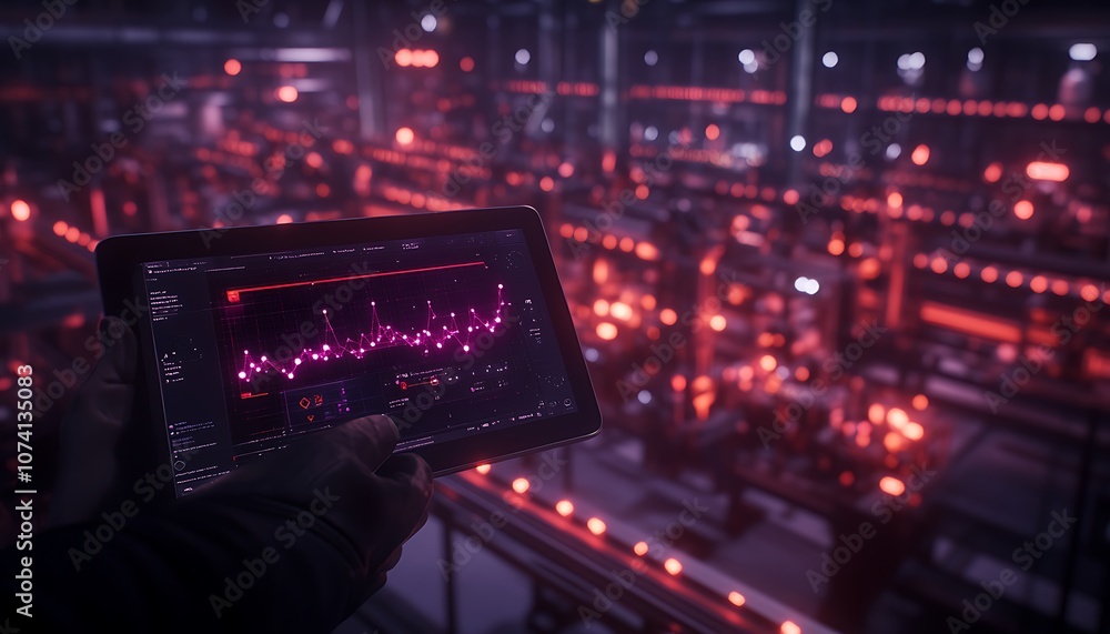 Poster a futuristic scene featuring a person holding a device displaying data analysis in a factory illumin