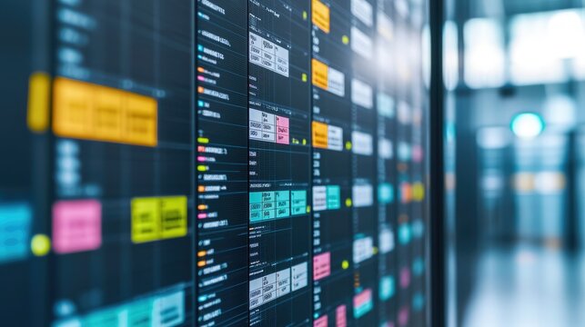 A close-up view of a digital display board featuring colorful data visualizations, schedules, or information panels in a modern environment.