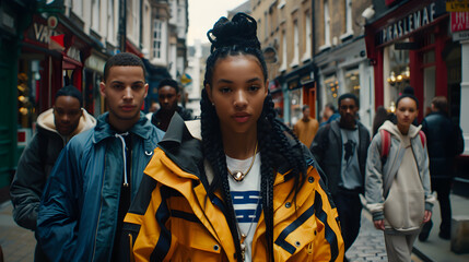 Fototapeta premium A group of young people walking in a vibrant urban setting, showcasing fashion and culture.