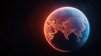Obraz premium Earth in space with glowing atmosphere and detailed continents, dark background