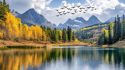 Obraz premium A flock of birds fly over a serene mountain lake with fall foliage in the foreground, under a blue sky with white clouds.