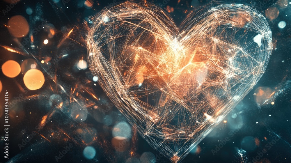Poster A modern, abstract heart formed from complex geometric shapes and illuminated with a soft glow, symbolizing love in the digital age