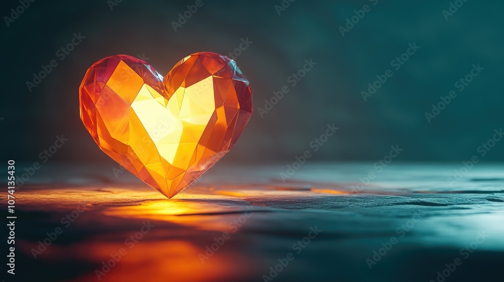Poster A modern, abstract heart formed from complex geometric shapes and illuminated with a soft glow, symbolizing love in the digital age