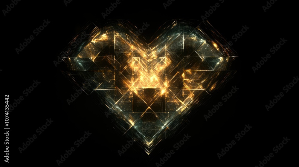 Poster A modern, abstract heart formed from complex geometric shapes and illuminated with a soft glow, symbolizing love in the digital age