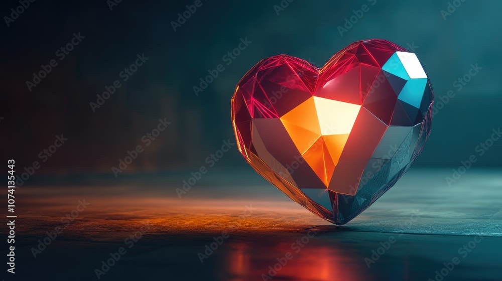 Poster A modern, abstract heart formed from complex geometric shapes and illuminated with a soft glow, symbolizing love in the digital age