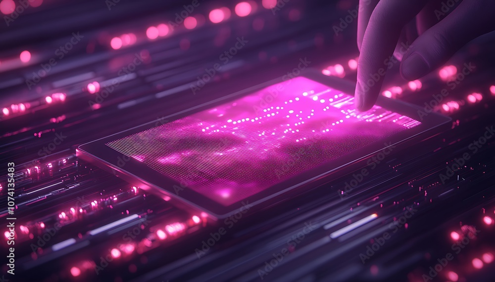 Leinwandbilder A futuristic hand interacts with a glowing smartphone screen displaying vibrant, digital data patterns amidst a backdrop of luminous lines.