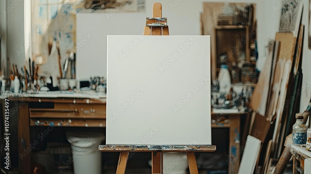 Poster blank canvas on easel in art studio environment