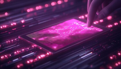 A futuristic hand interacts with a glowing smartphone screen displaying vibrant, digital data patterns amidst a backdrop of luminous lines.