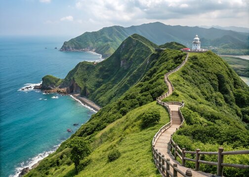 Scenic Panoramic View of Bitoujiao Trail, Featuring Ocean Cliffs, Lighthouse, Stairs, and Lookout Pavilions in Ruifang District, New Taipei City, Taiwan - Perfect for Travel Enthusiasts