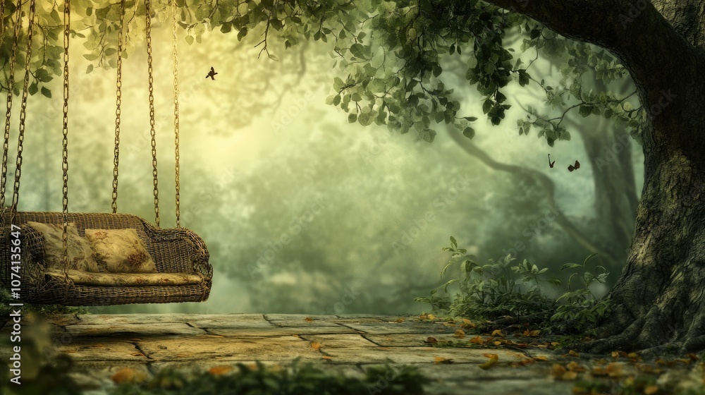 Poster a peaceful terrace with an antique wicker swing hanging from an old tree, set in front of a blurry n