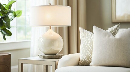 A neutral-toned lamp with a sleek ceramic base, adding modern elegance to a living room side table