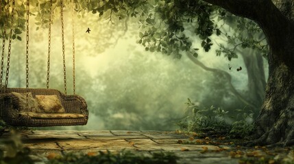 Obraz premium A peaceful terrace with an antique wicker swing hanging from an old tree, set in front of a blurry nature scene filled with soft green tones and light