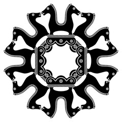 Round geometrical star shape mandala or frame design with stylized funny horses. Ancient Roman animal motif. Black and white silhouette.