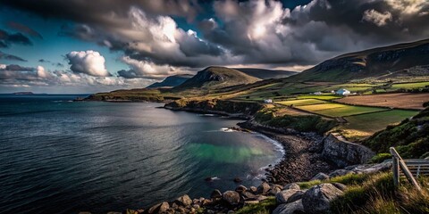Fototapeta premium Scenic View of Ballyvaughan, Ireland with Lush Greenery and Rocky Coastline, Perfect for Travel and Nature Themes with Ample Copy Space for Text Overlay