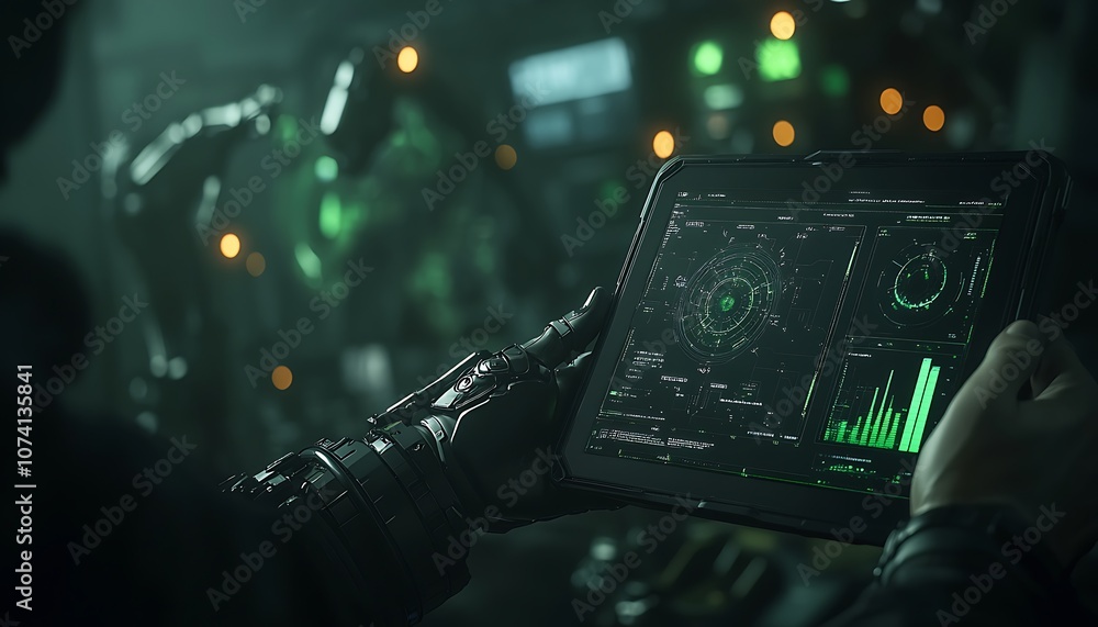 Poster a person monitors data on a futuristic tablet amidst a tech-filled environment, featuring holographi