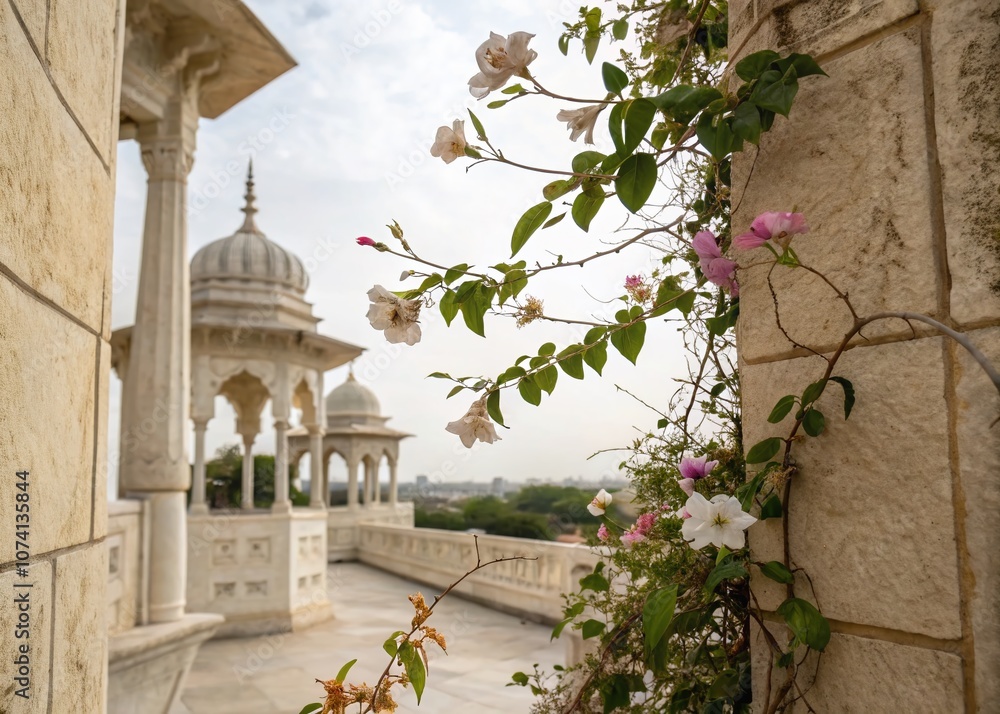 Poster serene architectural elements on a textured stone background gently swaying in the breeze, capturing