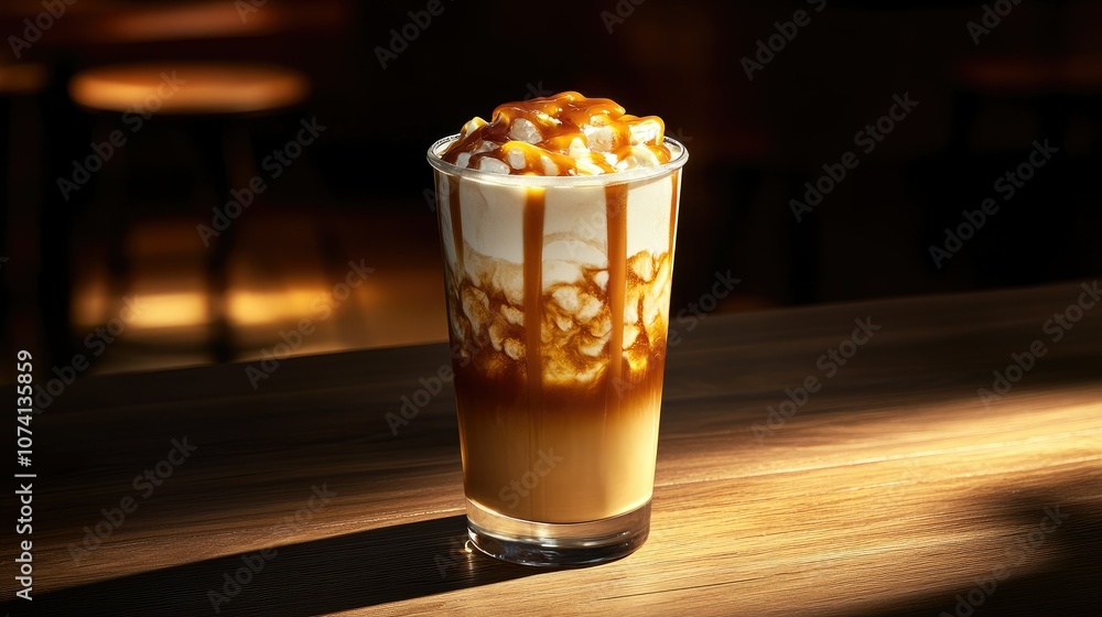 Poster a refreshing iced caramel macchiato in a tall glass with a drizzle of caramel, illuminated by soft s