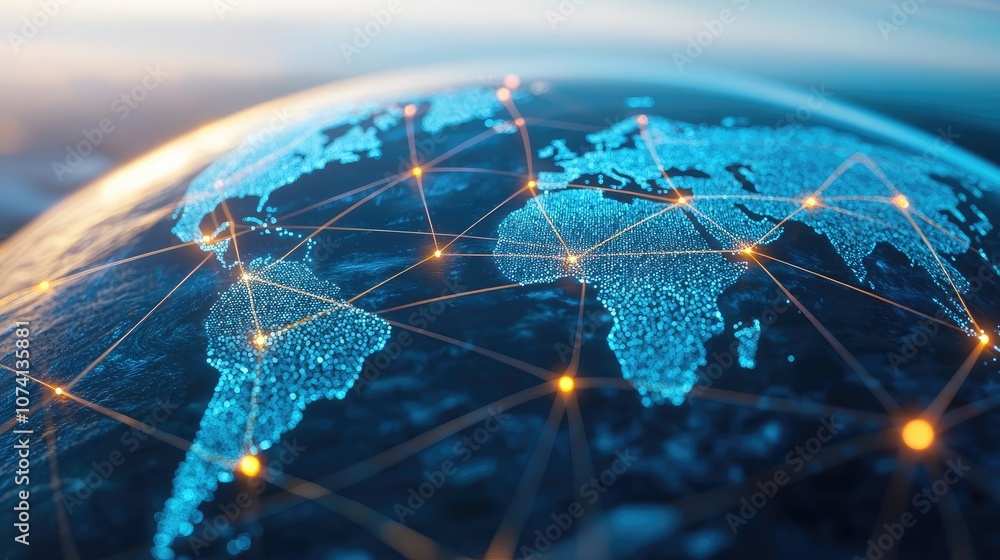 Poster digital globe with connected lines, representing global connectivity and technology.