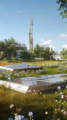 Obraz premium A futuristic landscape featuring solar panels amidst vibrant flowers and industrial structures.
