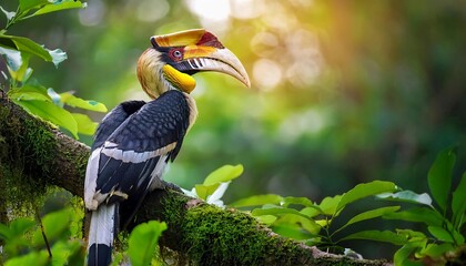 Obraz premium The great hornbill (Buceros bicornis), also known as the concave-casqued hornbill, great Indian hornbill or great pied hornbill sitting on the branch in the forest, green vegetation background 