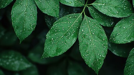 Fototapeta premium Fresh Green Leaves with Water Droplets Creating a Vibrant and Lush Natural Atmosphere Perfect for Nature and Environment Themed Projects or Backgrounds