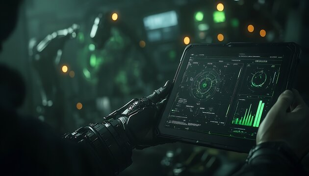 A person monitors data on a futuristic tablet amidst a tech-filled environment, featuring holographic displays and glowing elements.