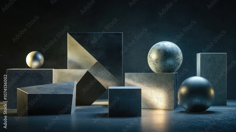 Aufkleber A series of abstract 3D geometric blocks scattered across a dark background, with light reflections creating a mysterious and modern look
