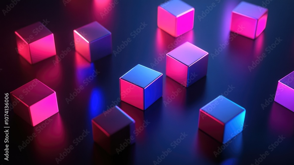 Poster A series of abstract 3D geometric blocks scattered across a dark background, with light reflections creating a mysterious and modern look