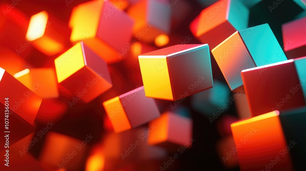 Aufkleber A series of abstract 3D geometric blocks scattered across a dark background, with light reflections creating a mysterious and modern look
