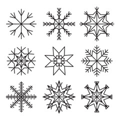 Snowflake vector icon. Winter geometric shapes. Black line snow symbol. Frozen design elements.