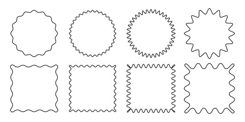 Scallop frame set. Different wavy shapes with squiggly edge border. Zig zag stamps or wiggle stickers for photo, badge, tag design. Curvy labels isolated on white background, editable stroke.