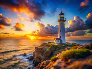 Serene Beacon of Silence: A Miniature World Captured in Tilt-Shift Photography, Showcasing Tranquil Landscapes, Lighthouses, and Quiet Seascapes in a Dreamlike Atmosphere
