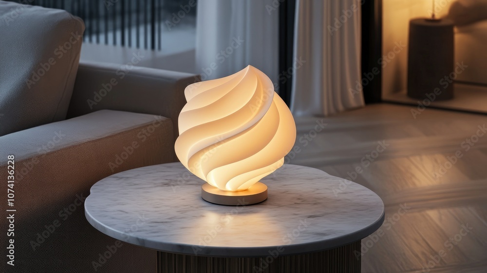 Poster a softly glowing swirl design table lamp, placed on a marble side table in a modern, minimalist room