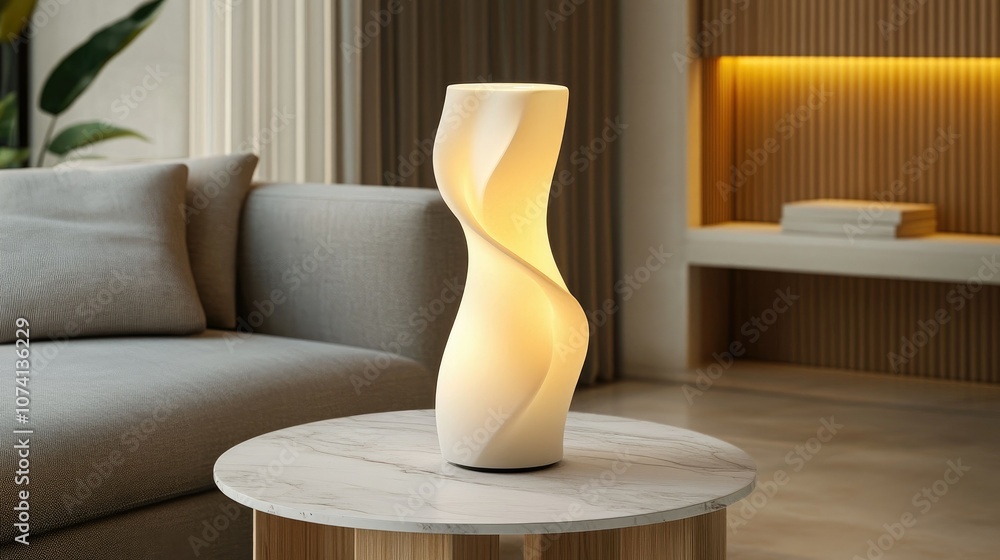 Poster a softly glowing swirl design table lamp, placed on a marble side table in a modern, minimalist room