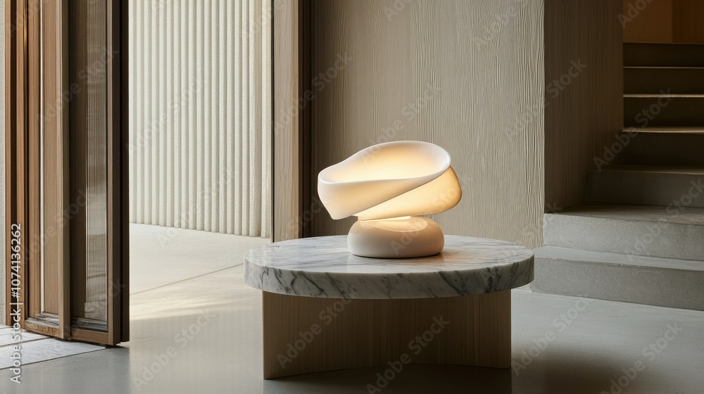 Poster a softly glowing swirl design table lamp, placed on a marble side table in a modern, minimalist room
