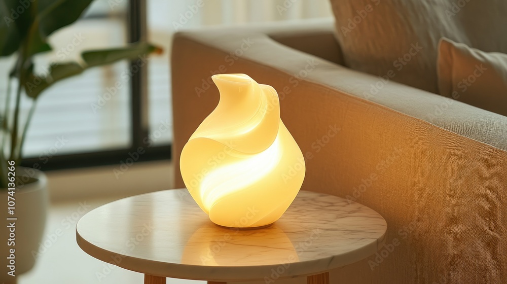 Poster a softly glowing swirl design table lamp, placed on a marble side table in a modern, minimalist room