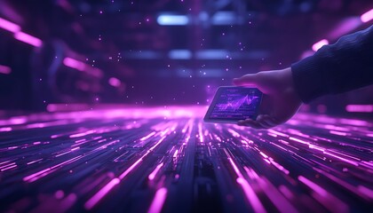 A hand holds a device amidst a vibrant, glowing digital landscape, characterized by flowing purple lights and a futuristic atmosphere.