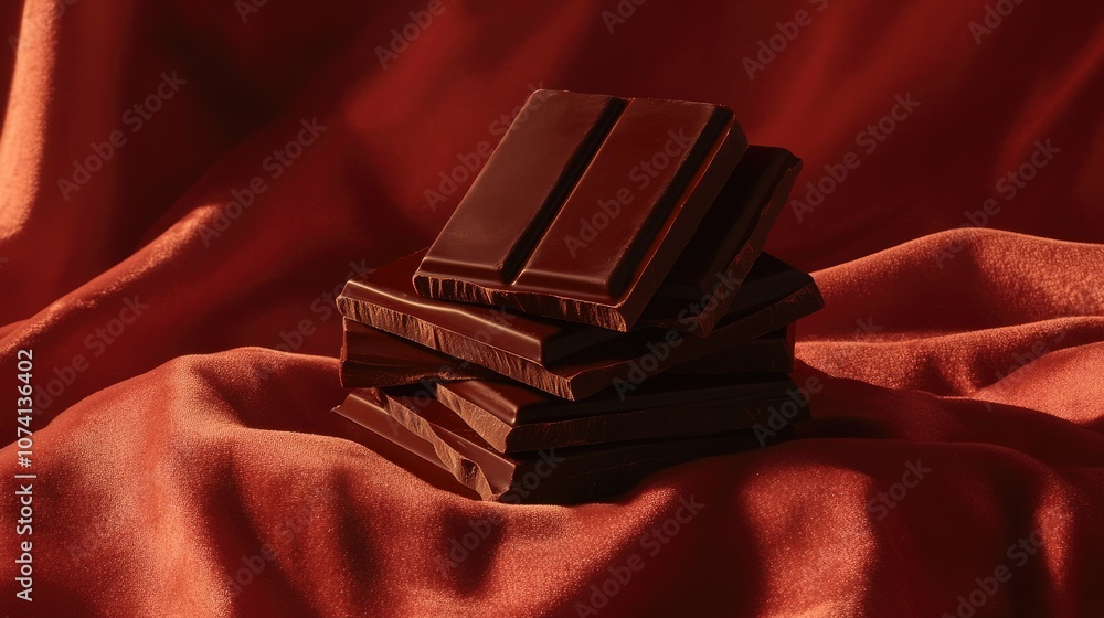 Poster a stack of premium dark chocolate resting on a plush velvet surface, with soft shadows and highlight
