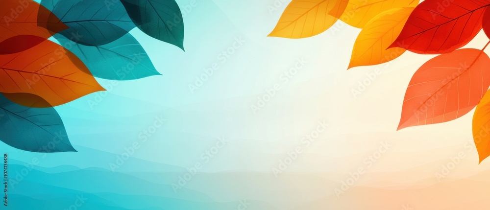 Poster a vibrant background featuring colorful autumn leaves and a soft gradient transitioning from blue to