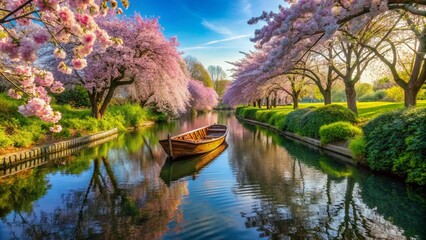 Obraz premium Serene Canal with Blossoms and a Wooden Boat Gliding Through the Tranquil Waters, Framed by Lush Greenery and Vibrant Floral Accents Under a Clear Blue Sky
