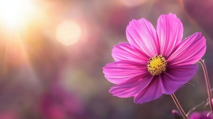 A stunning close-up of a deep pink cosmos flower with a focus on its intricate petals and bright yellow center, set against a soft blurred background
