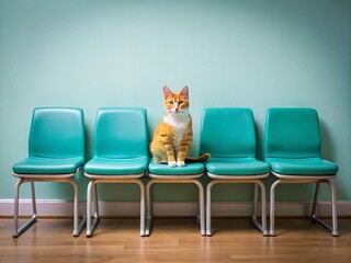 Serene Cat in Veterinary Waiting Room Next to Turquoise Chairs, Capturing a Calm Atmosphere and the Anticipation of Pet Care in a Peaceful Environment