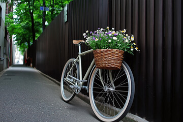 Fototapeta premium a bicycle with a woven basket filled with wildflowers, leaning against a fence.